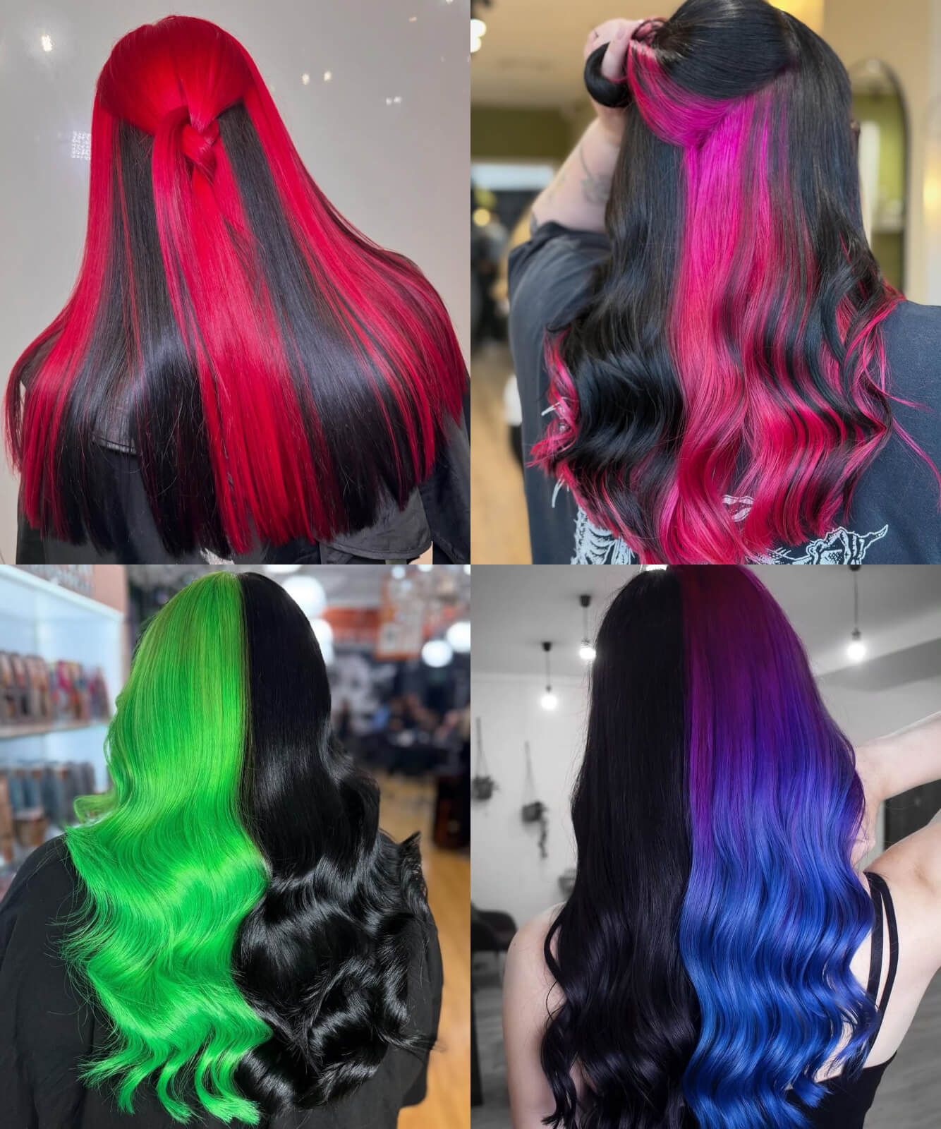 A collage of different examples of matching black hair colours with other hair colours, including green, purple, pink and red, all using Directions hair colours