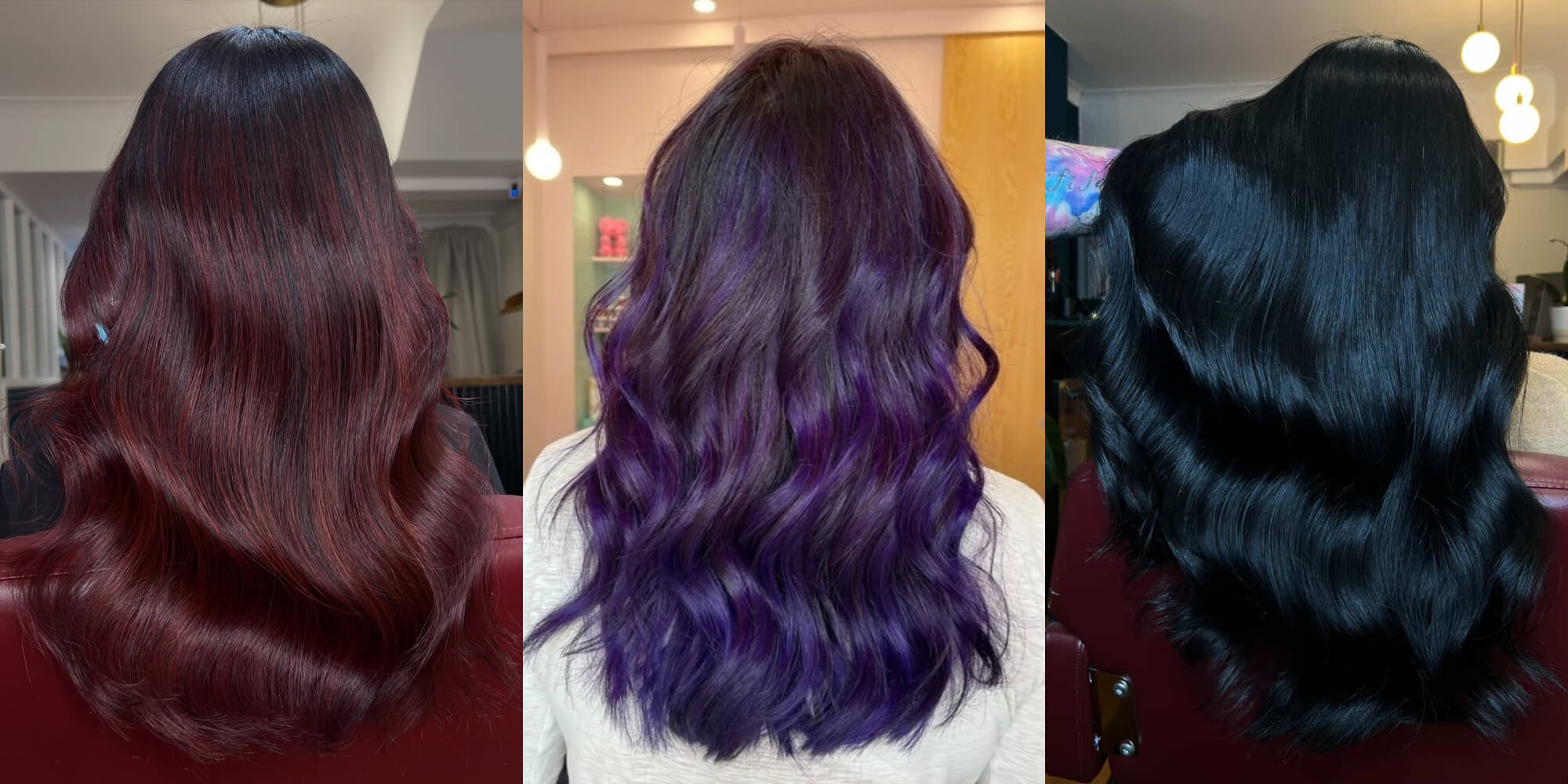 A collage showing the results when you blend black hair colour with other colours, including red, purple and blue, using Directions hair colours