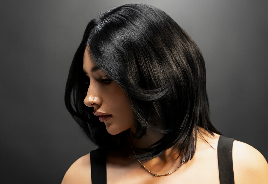 A photo example of Directions black hair colour, using the Onyx jet black hair dye