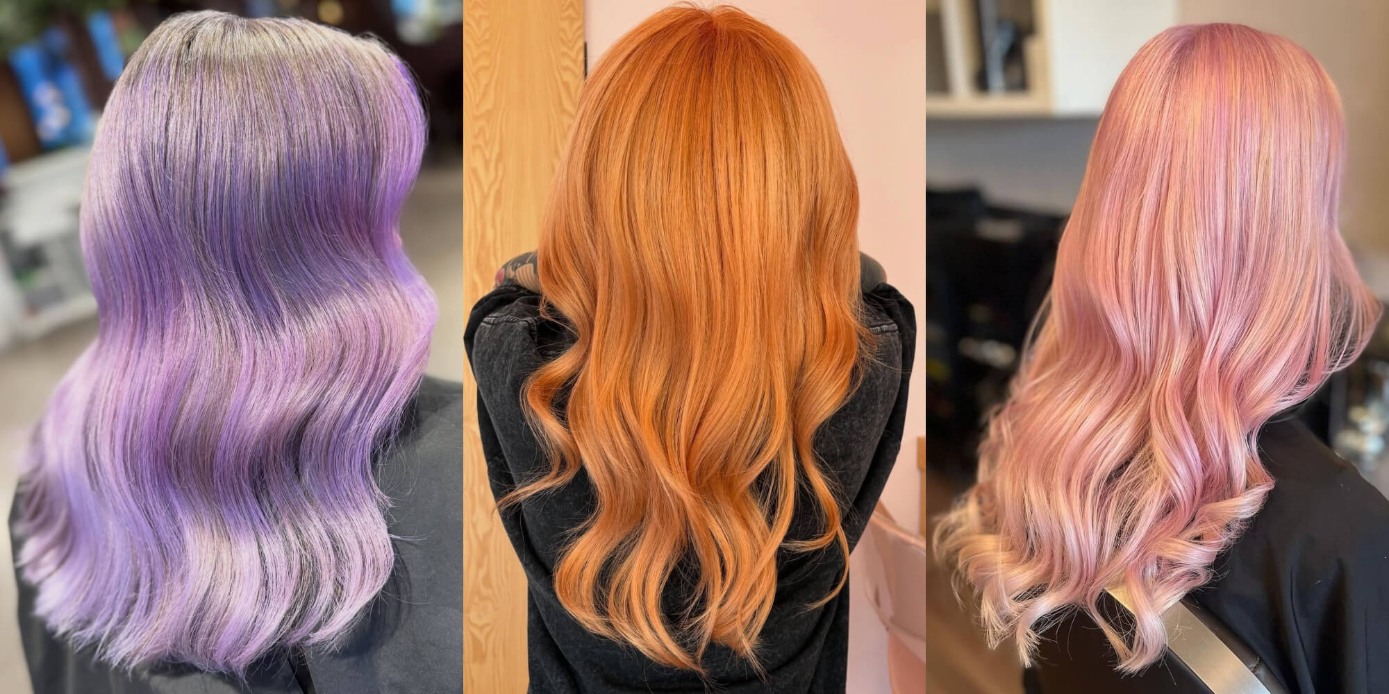 Examples of the results of mixing blonde hair dye with other hair colours, including purple, copper and pink, using Directions blonde hair dyes