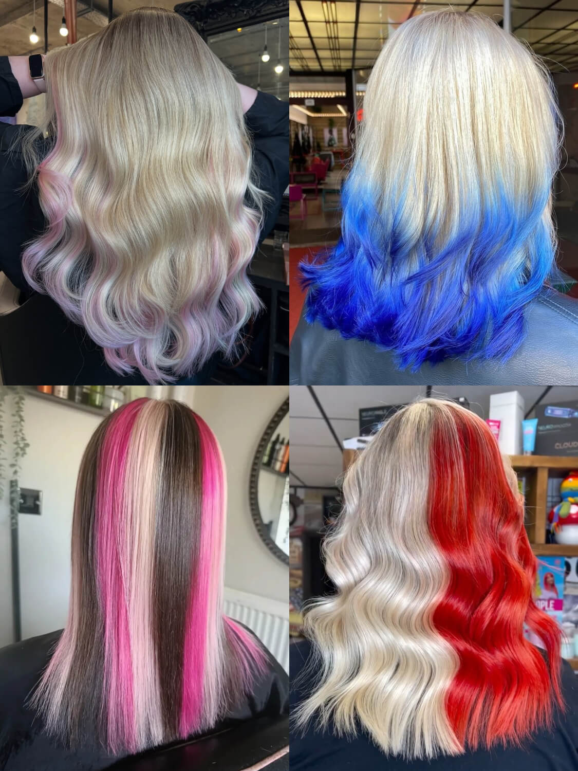 A collage of different examples of matching blonde hair colours with other hair colours, including pink, blue, pink, brown and red, all using Directions hair colours