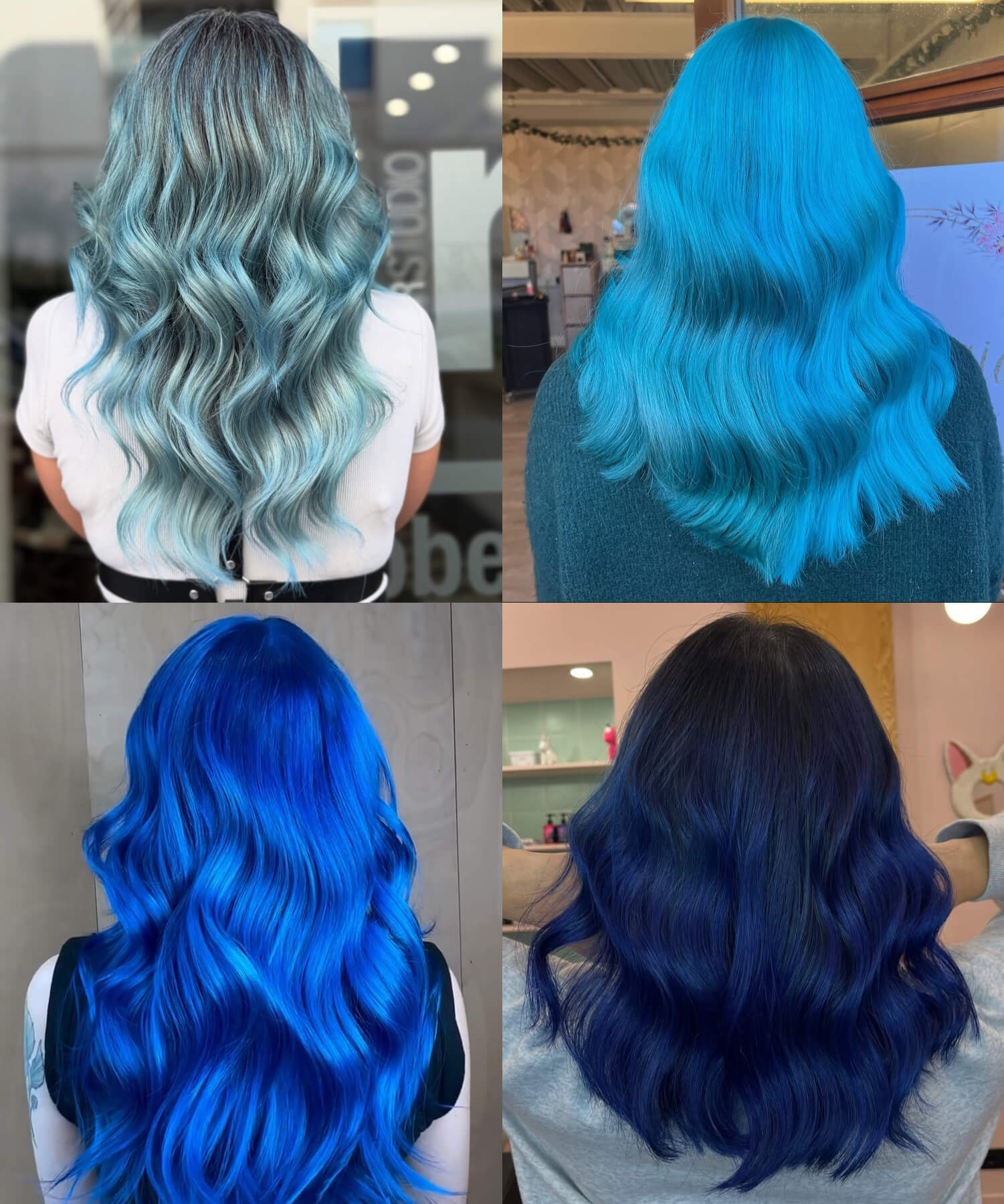 A collage of different shades of blue hair colour created using Directions blue hair dyes
