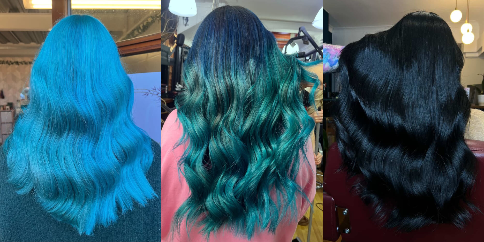 A collage of different brightness of blue hair colour, from light, pastel blue hair to dark blue hair, created with Directions blue hair dyes