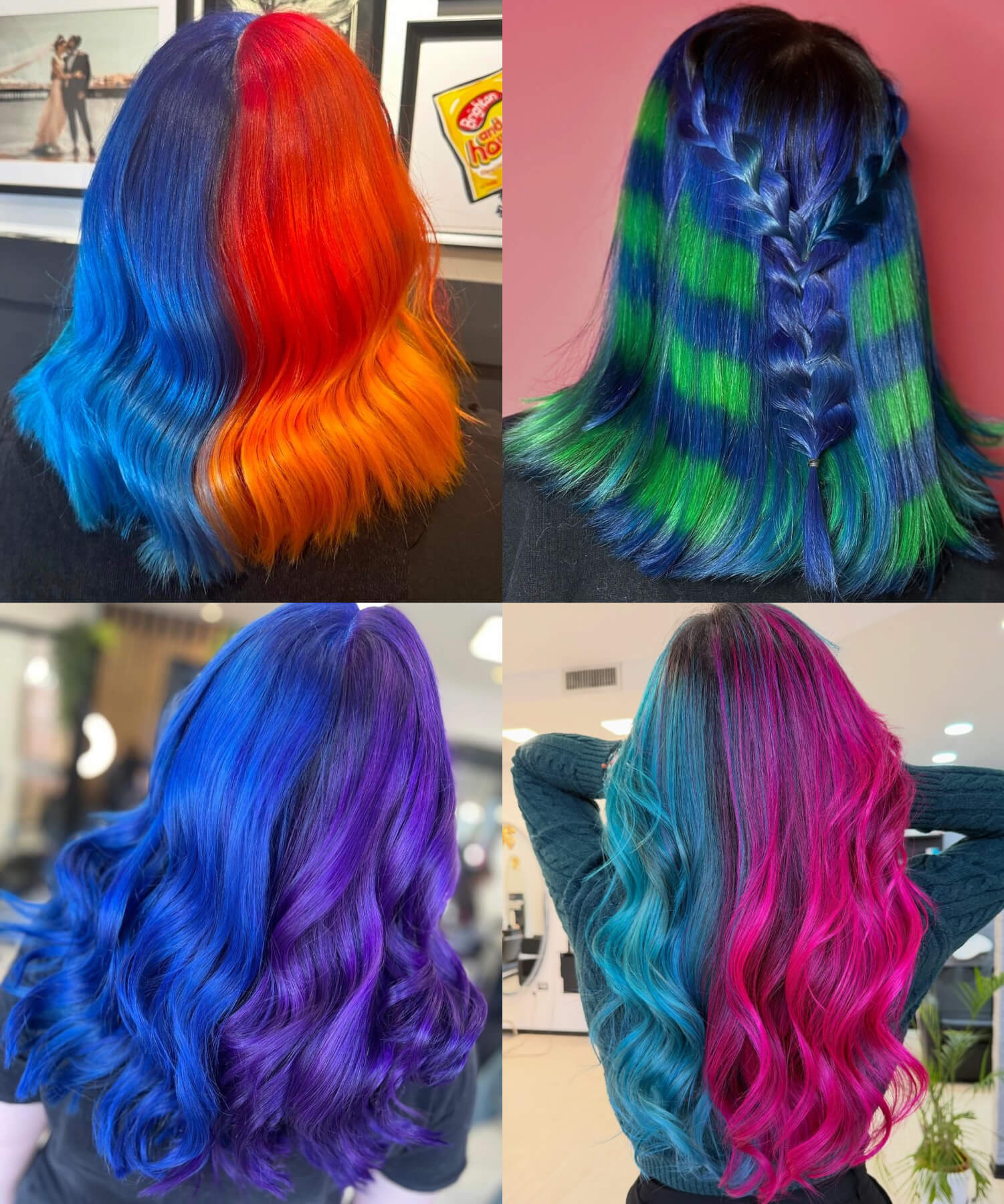 A collage of different examples of matching blue hair colours with other hair colours, including green, purple, pink and orange, all using Directions hair colours