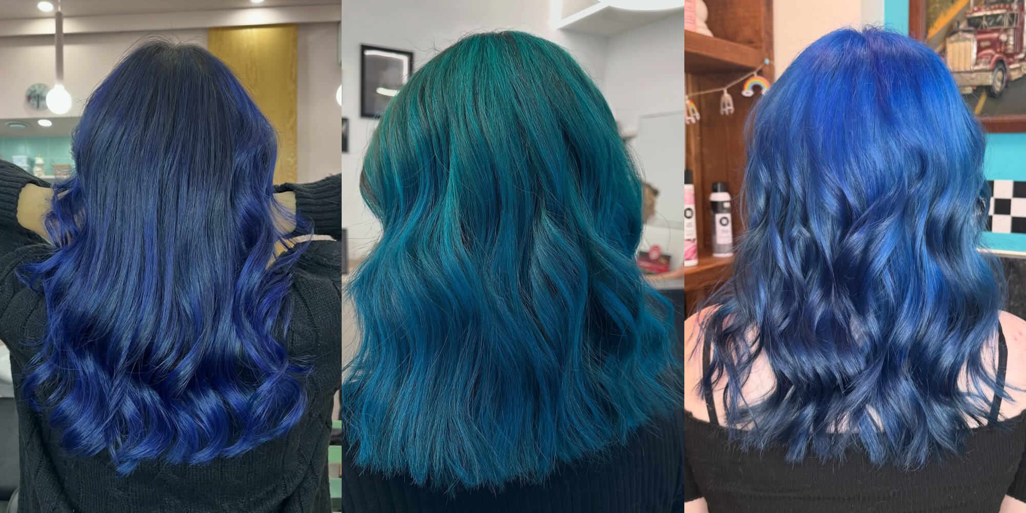 A collage showing the results when you blend blue hair colour with other colours, including green and black, using Directions hair colours