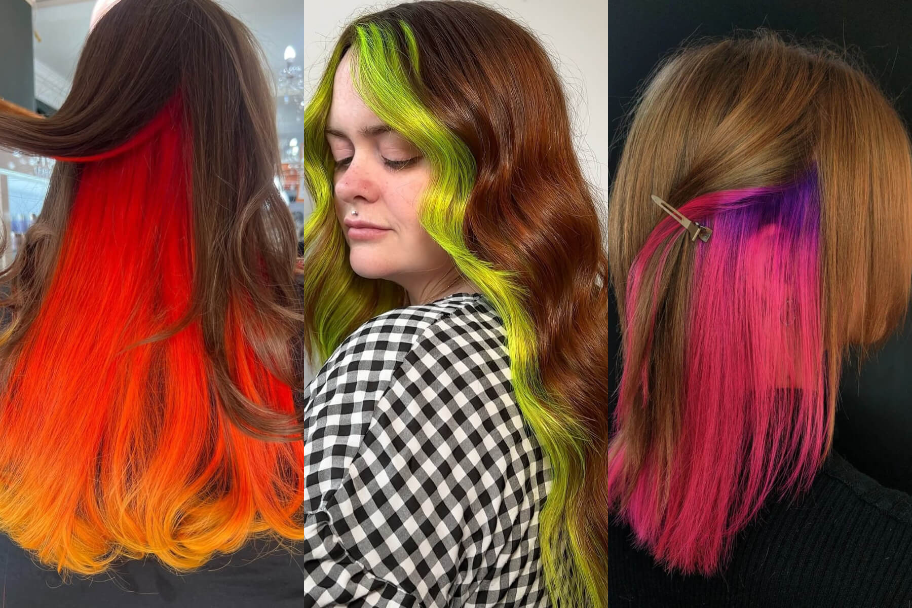 Photos of brown hair being paired with other hair colours in split dye effects – these are taken from Directions Hair Colour customers