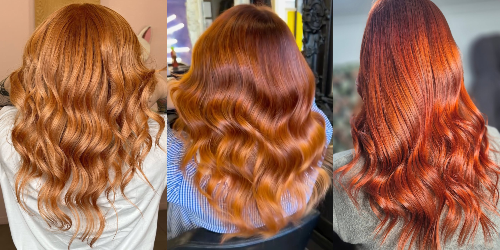 A collage of different brightness of copper hair colour, from strawberry blonde copper hair to dark copper hair, created with Directions copper hair dyes
