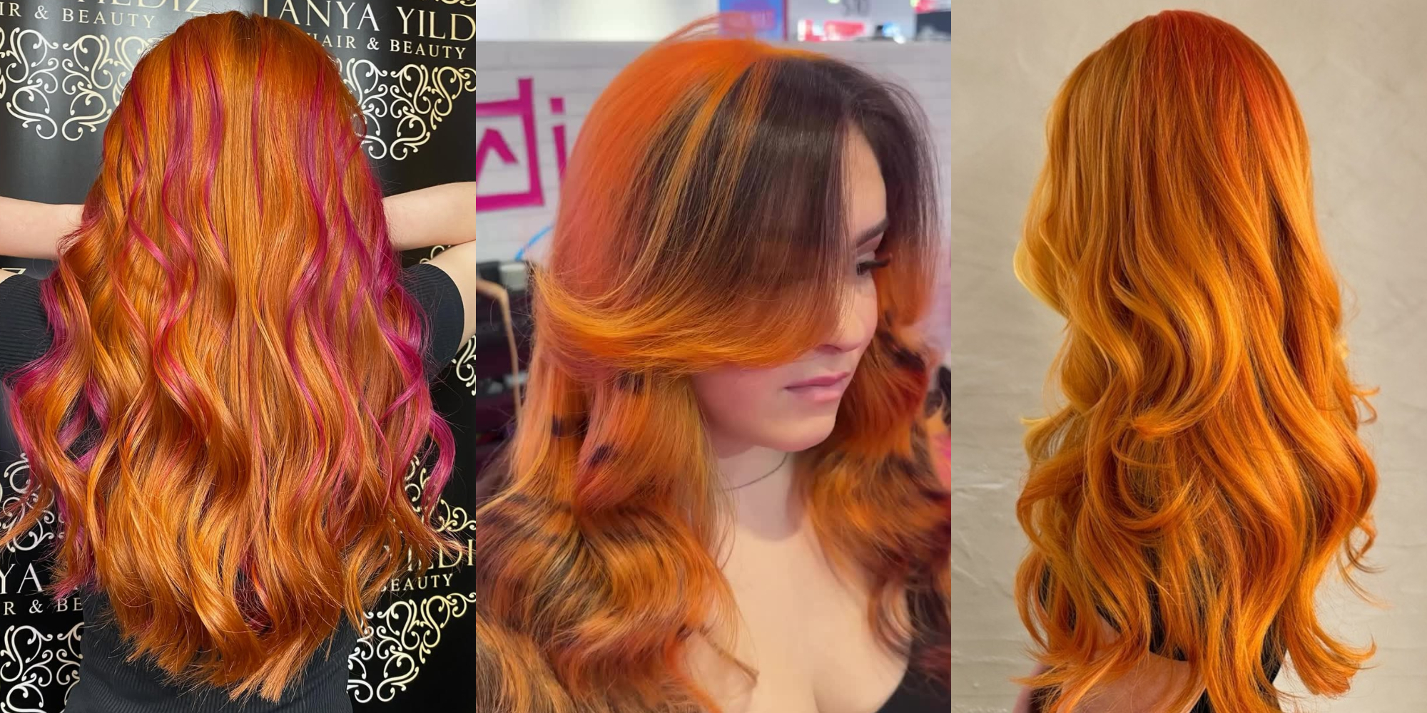A collage of different examples of matching copper hair colours with other hair colours, including pink, black and yellow, all using Directions hair colours