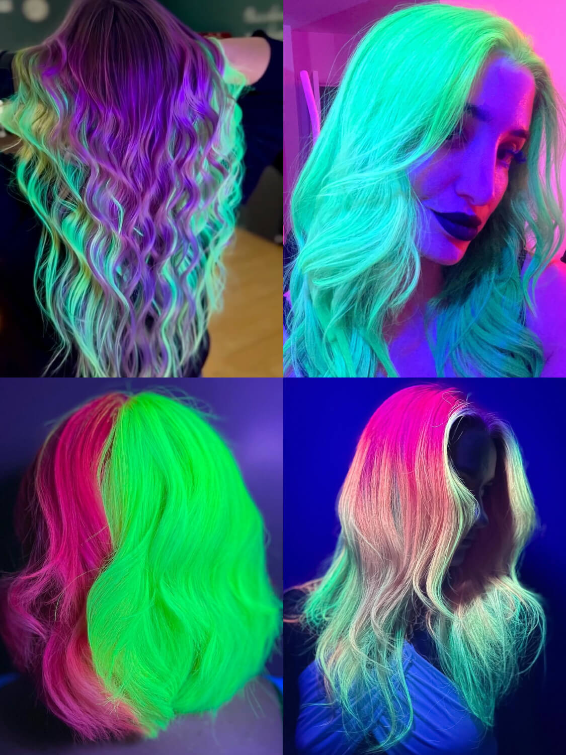 Collage showing examples of Directions fluorescent semi-permanent hair colours glowing under blacklight due to their UV reactive properties
