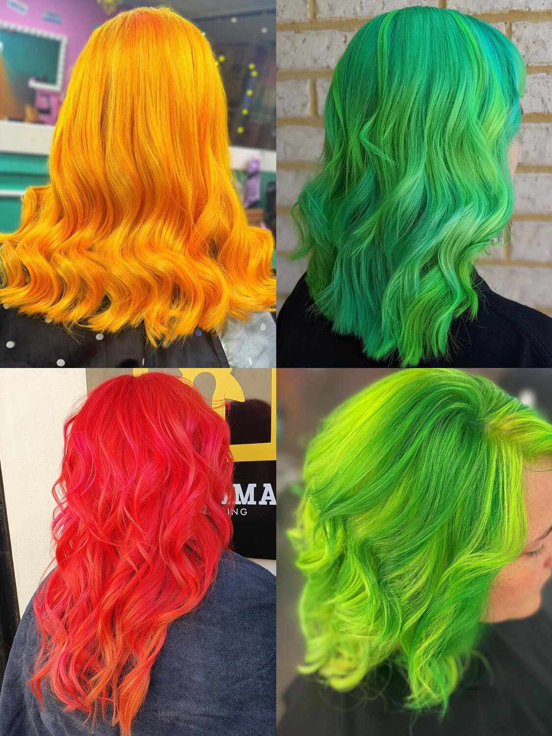 Collage showing examples of blending Directions fluorescent hair colours with other shades, including yellow, orange, green and red