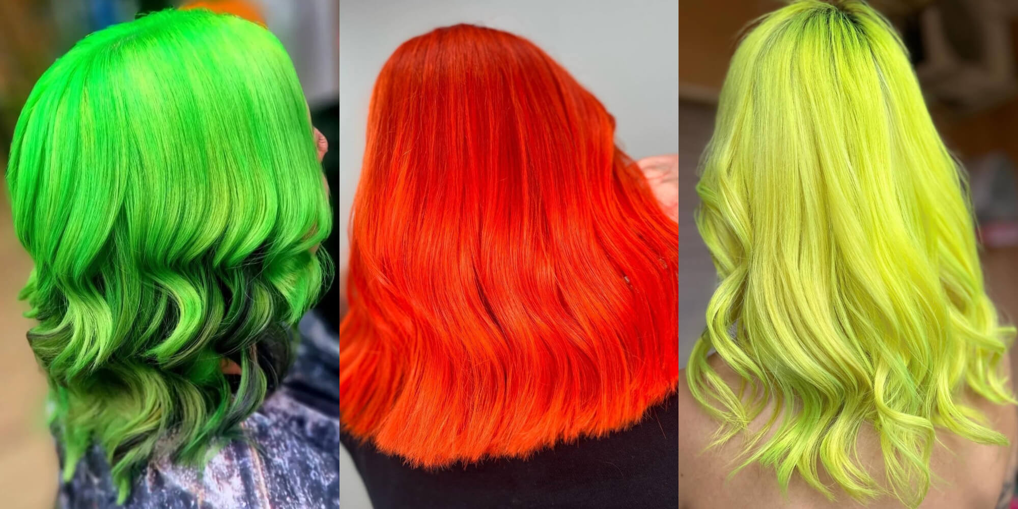 Collage showing different shades of Directions fluorescent hair dyes, including Fluorescent Green, Fluorescent Lime, Fluorescent Orange and Fluorescent Yellow