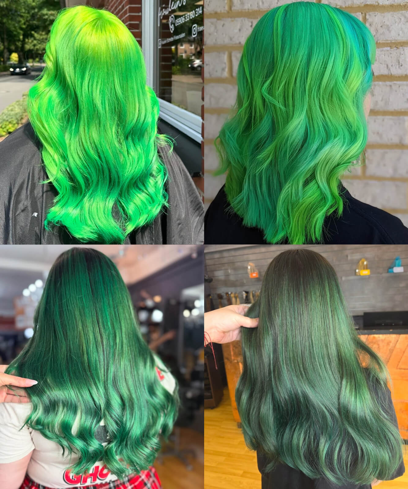 A collage of different shades of green hair colour created using Directions green hair dyes