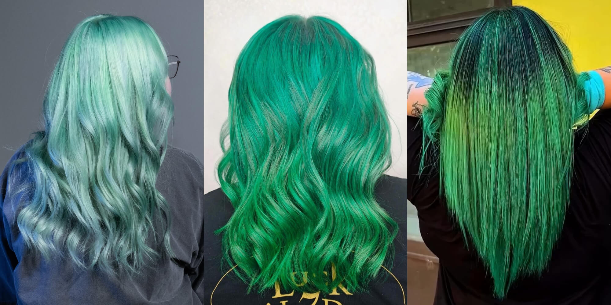 A collage of different brightness of green hair colour, from light, pastel green hair to dark green hair, created with Directions green hair dyes