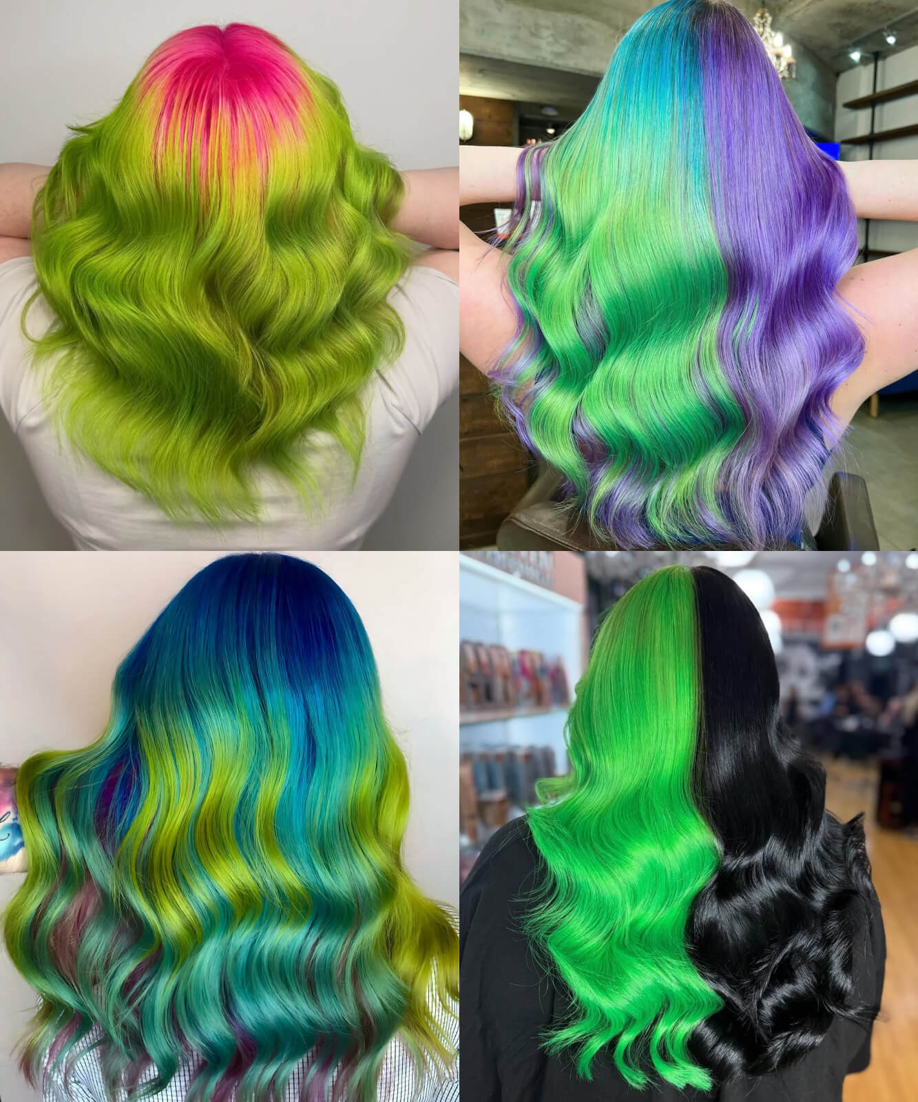 A collage of different examples of matching green hair colours with other hair colours, including pink, purple, blue and black, all using Directions hair colours