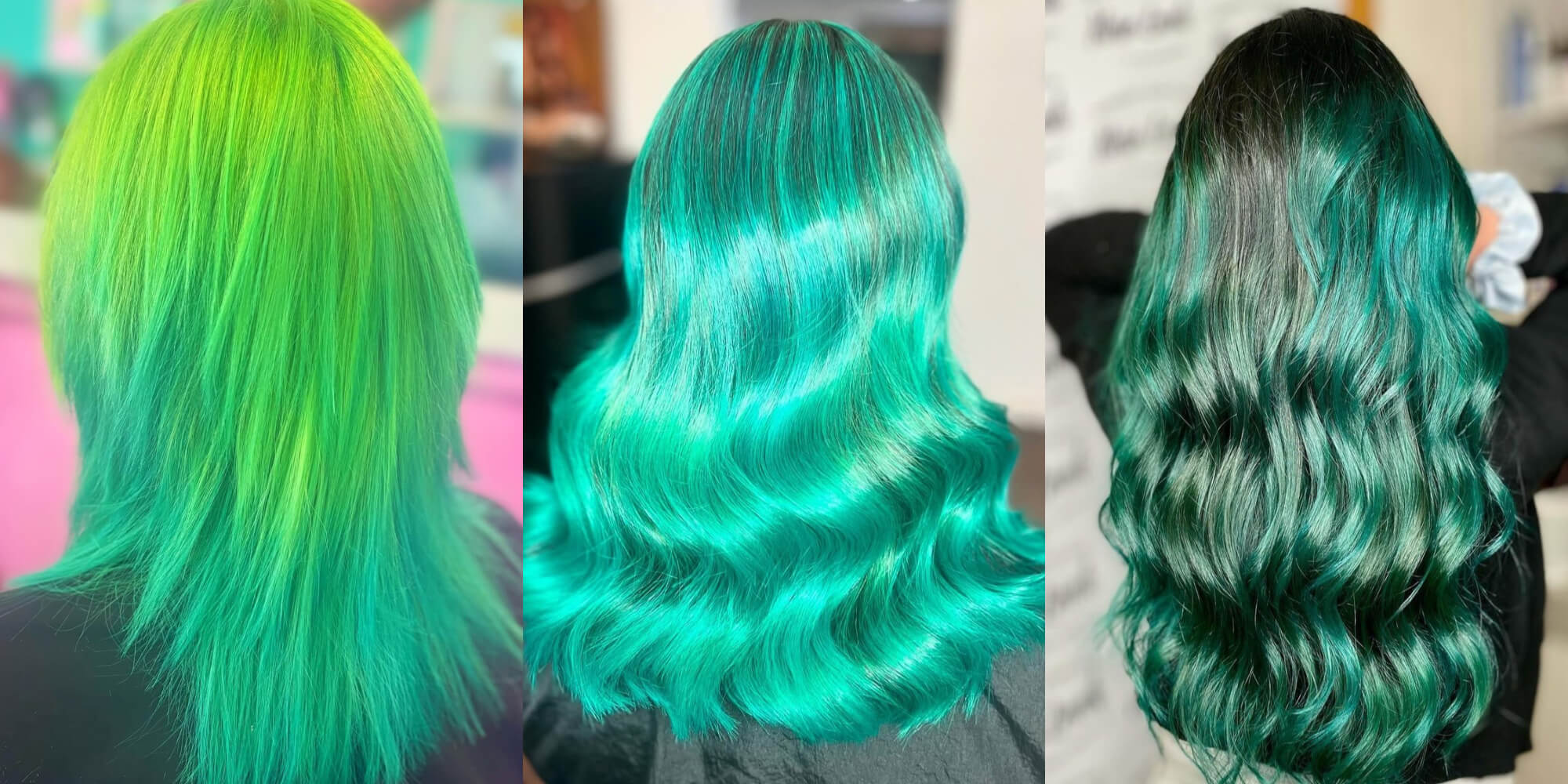 A collage showing the results when you blend green hair colour with other colours, including yellow, blue and black, using Directions hair colours