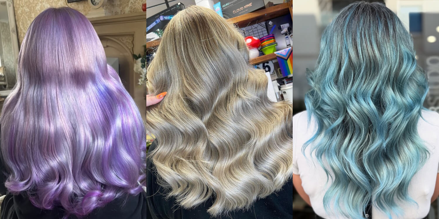 A collage showing the results when you blend grey hair colour with other colours, including purple, yellow and blue, using Directions hair colours