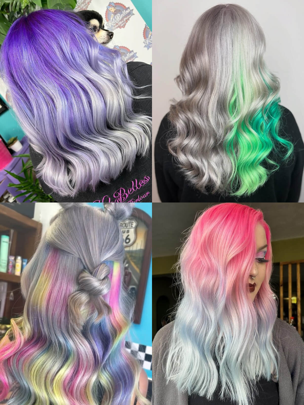 A collage of different examples of matching grey hair colours with other hair colours, including purple, green, pink and yellow, all using Directions hair colours