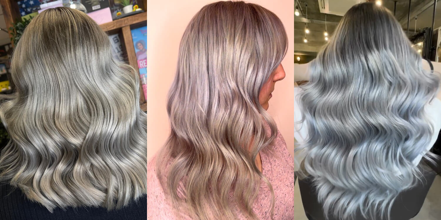 A collage of different brightness of grey hair colour, from light grey hair to dark grey hair, created with Directions grey hair dyes