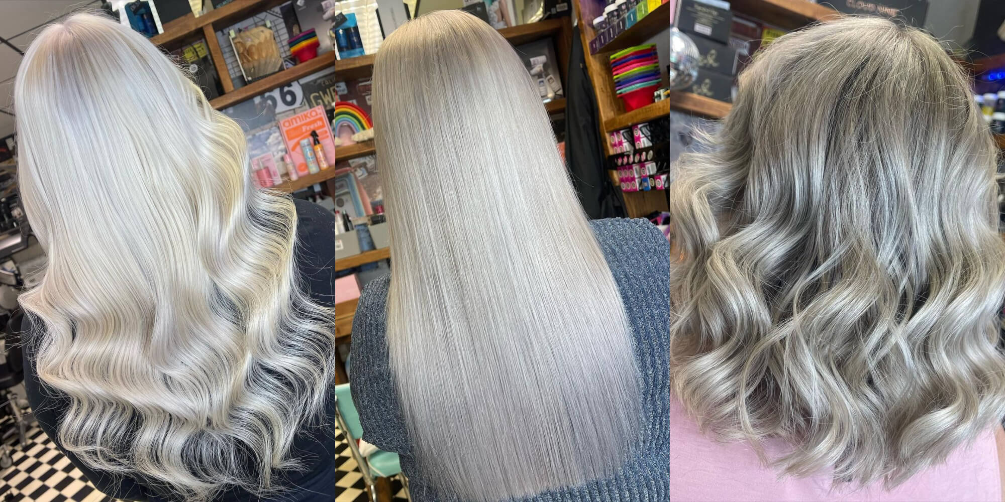 A collage of the impact where hair toners are applied to remove brassiness from hair