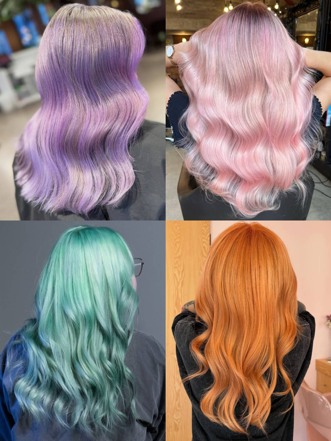 A collage showing the results of mixing hair toners with Directions semi-permanent hair dyes, including purple, pink, green and orange