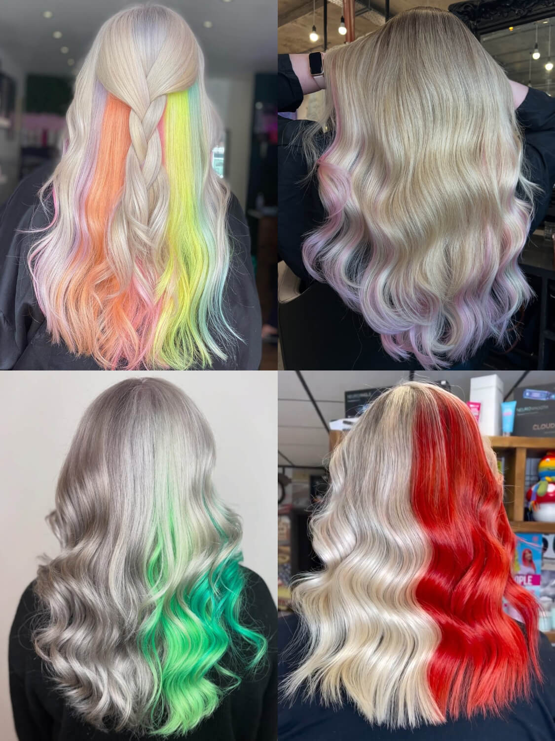 A collage showing split-dye looks mixing hair toner with other semi-permanent hair dyes, including pink, green, red and orange