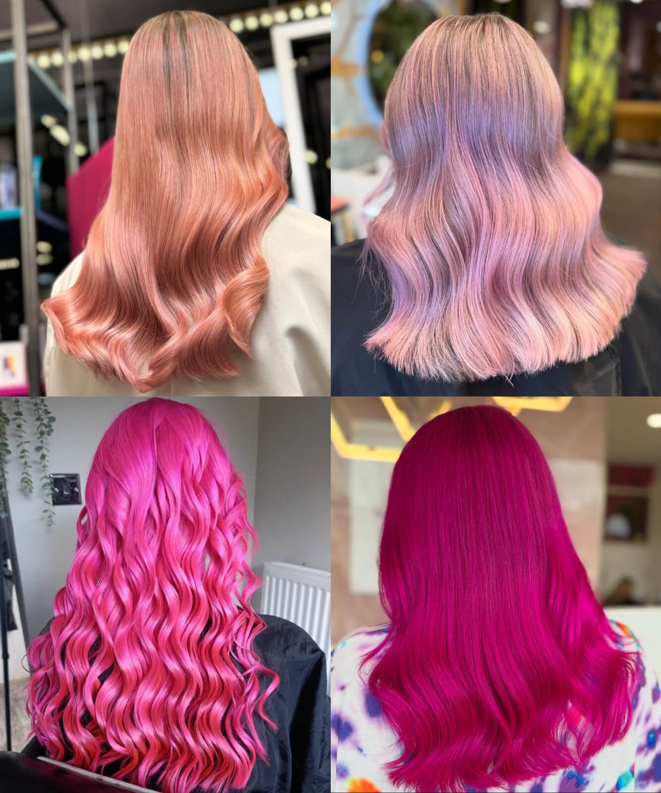 Collage showing different shades of pink hair colour that may suit different skin tones, including rose gold, baby pink, hot pink and magenta