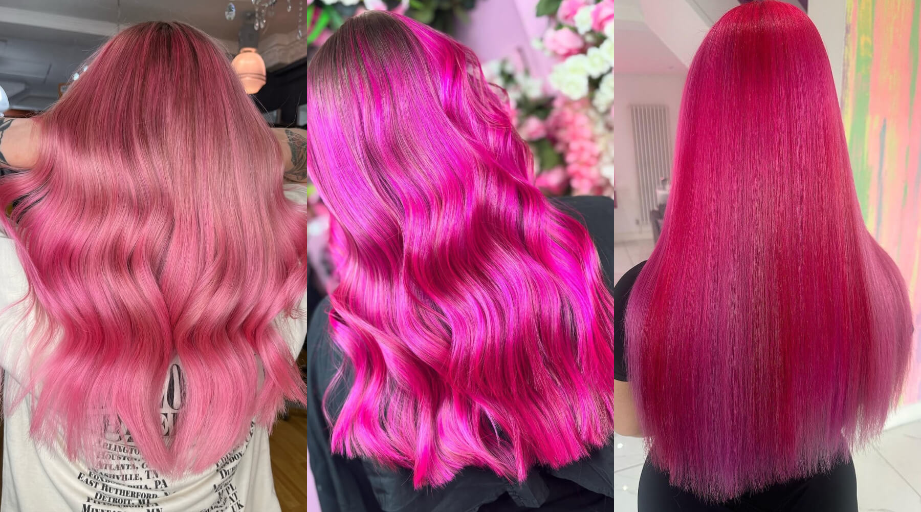 Collage of different gradients of pink hair colour that may work for dyeing blonde hair pink, dyeing brown hair pink or dyeing black hair pink