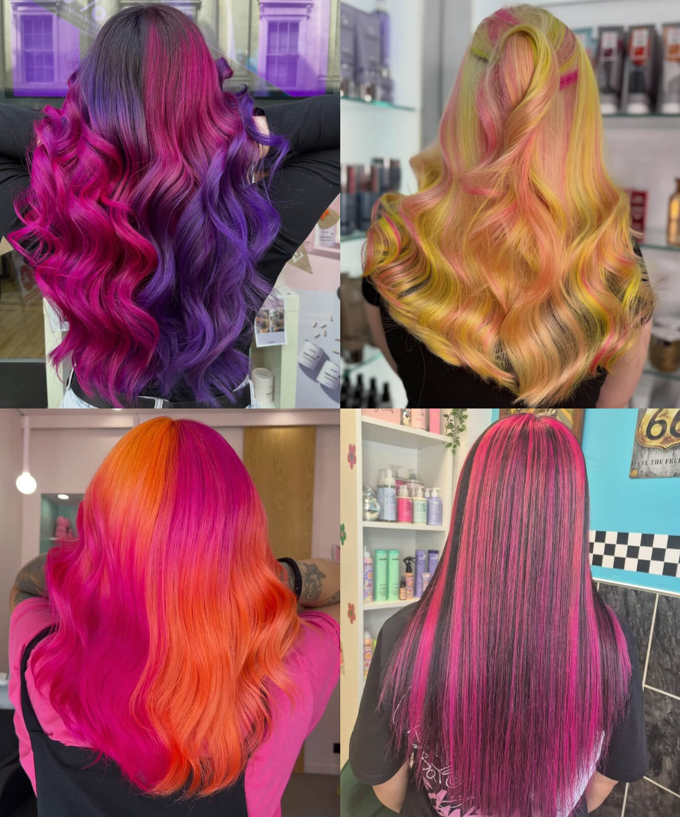 Collage demonstrating pairings of pink hair with other hair colours, including pink and purple hair, pink and yellow hair, pink and orange hair, and pink and black hair