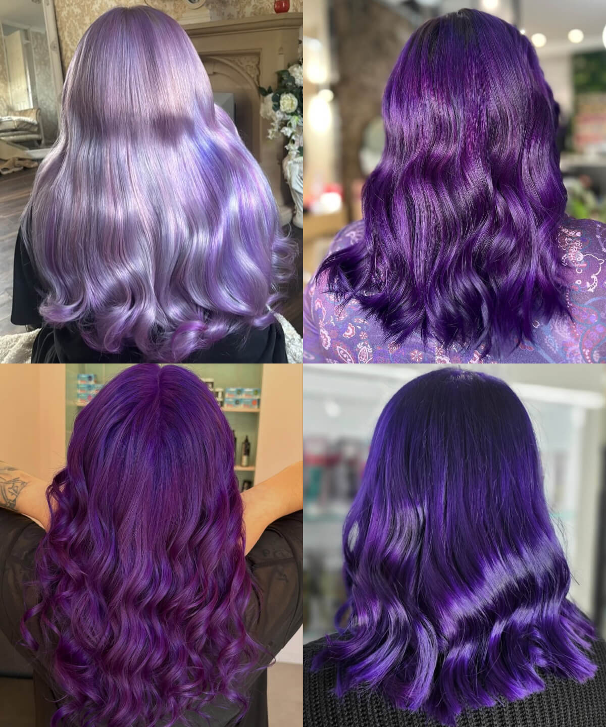 A collage of different shades of purple hair colour created using Directions purple hair dyes