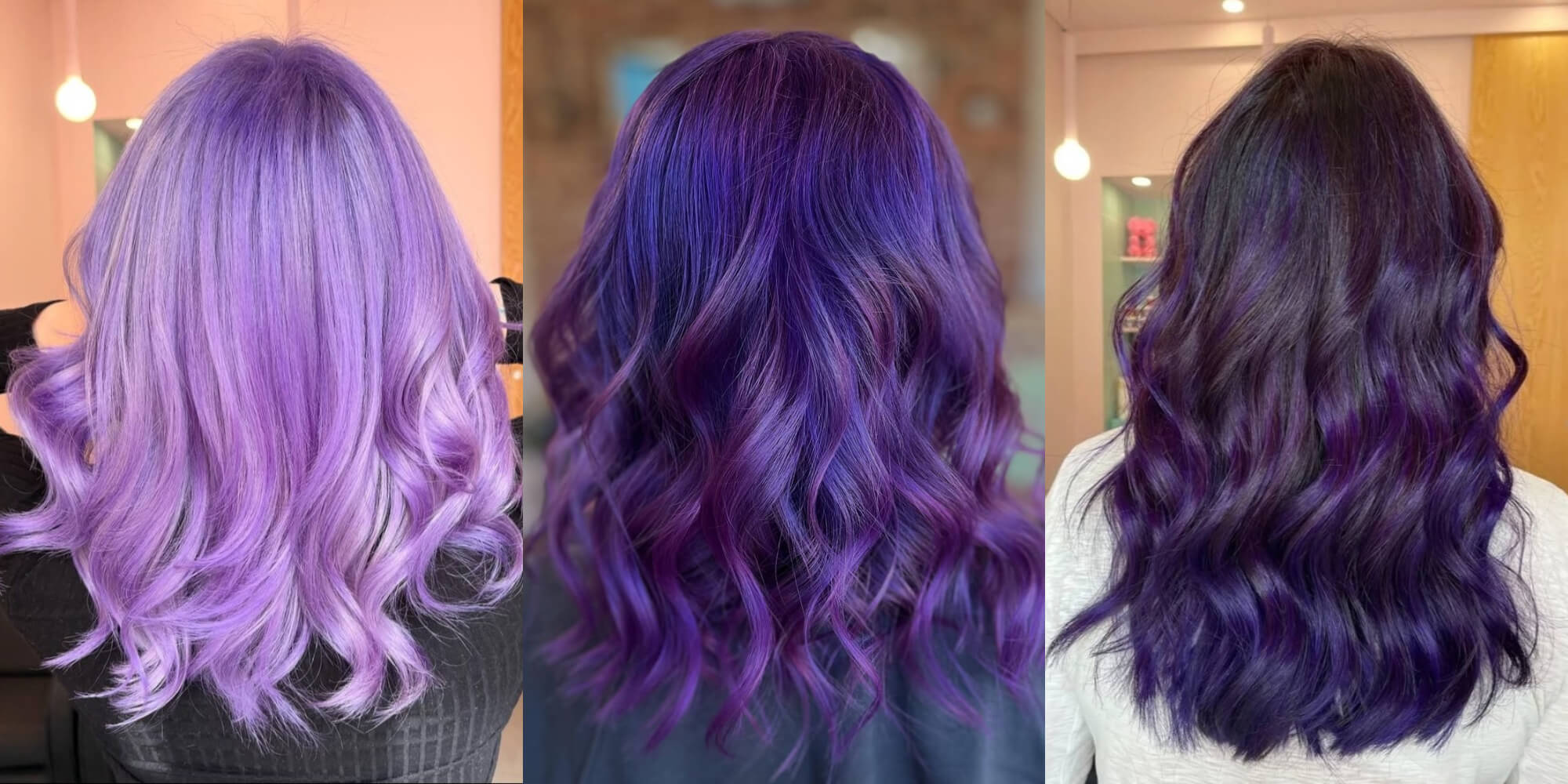 A collage of different brightness of purple hair colour, from light, pastel purple hair to dark purple hair, created with Directions purple hair dyes