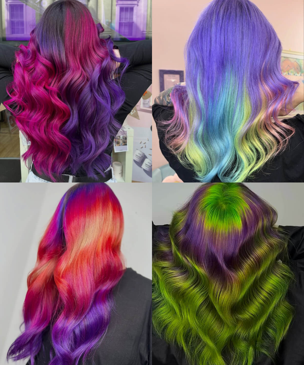 A collage of different examples of matching purple hair colours with other hair colours, including green, blue, pink and orange, all using Directions hair colours
