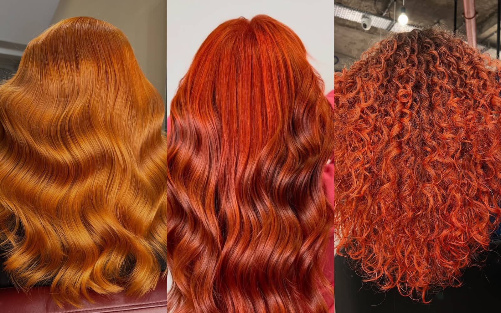 Collage of orange hair dyes being applied to different bases of blonde, brown and dark hair