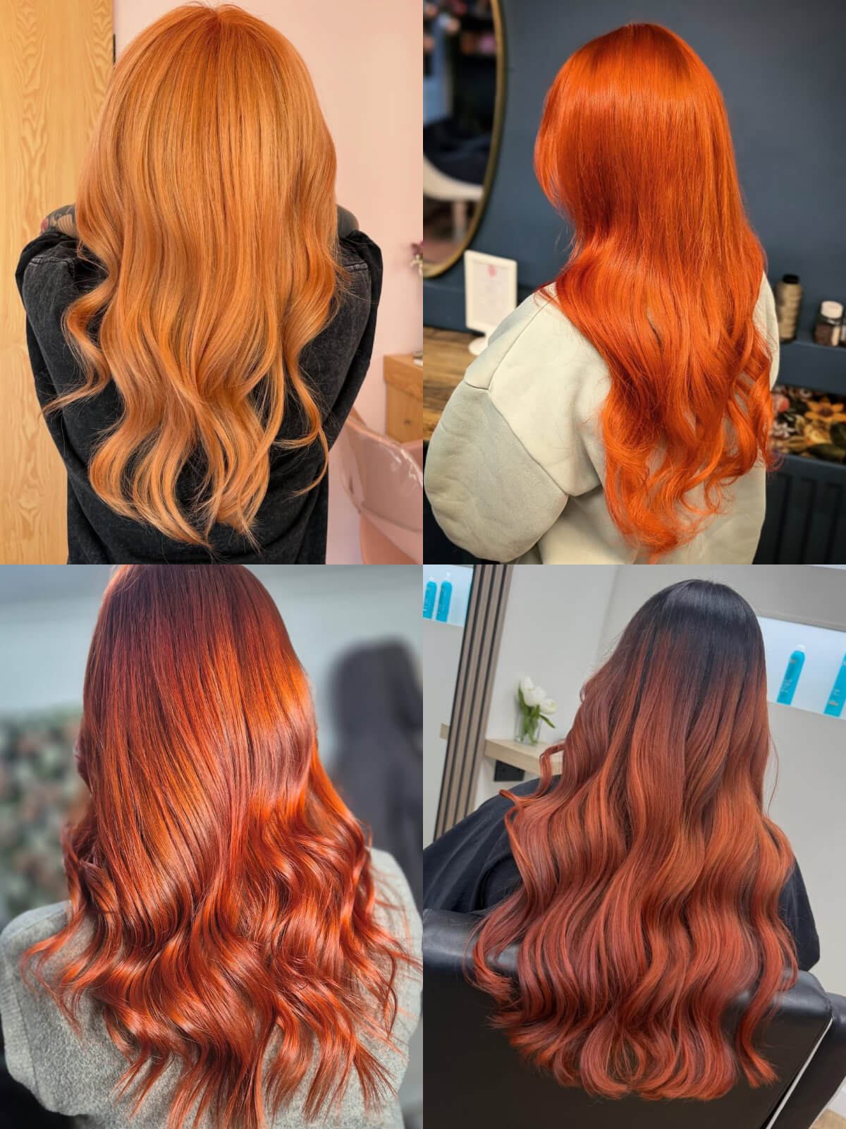 Collage of different shades of orange hair colours, from light copper and peach orange tones, to burnt orange and tangerine colours