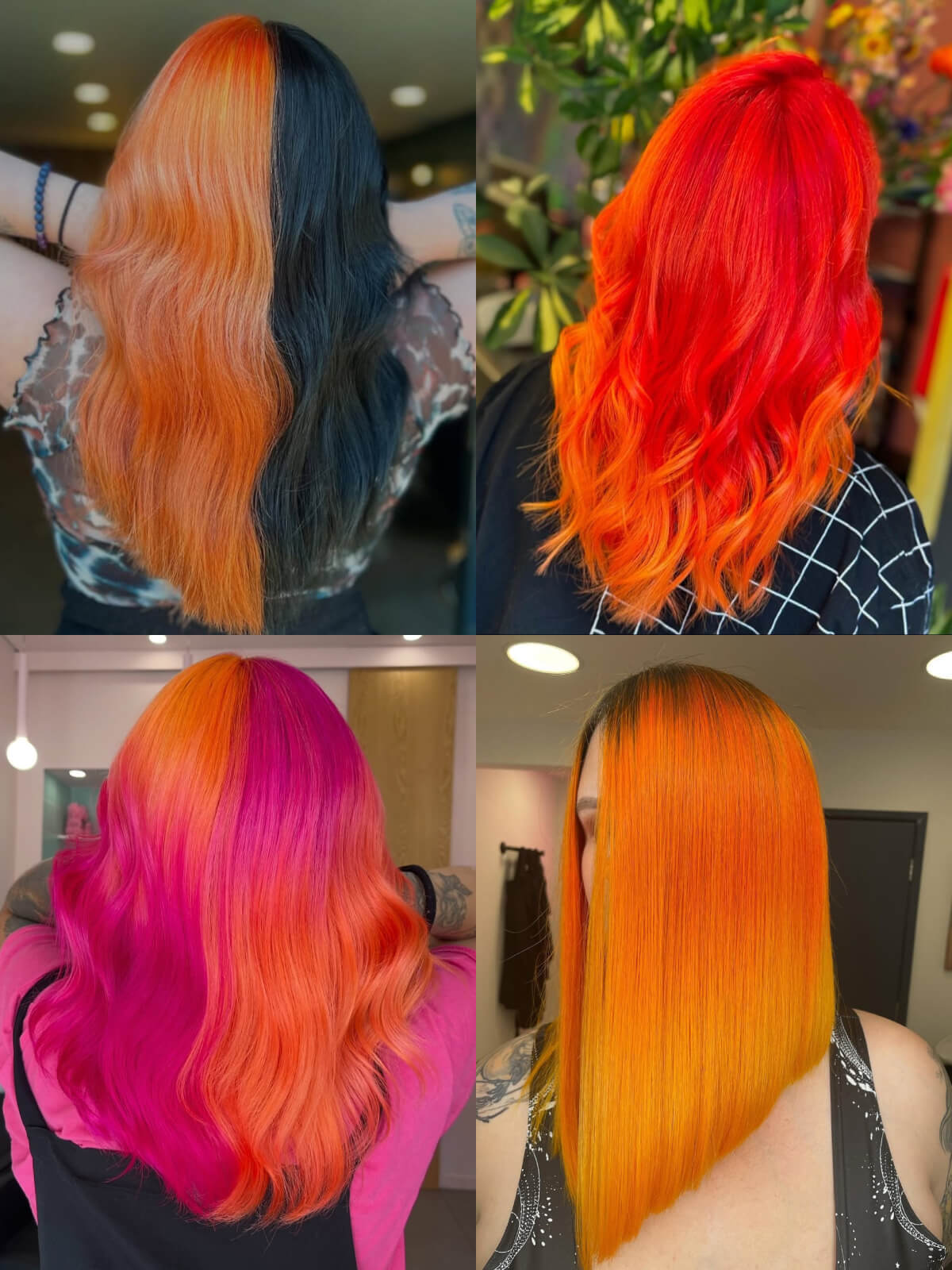 Collage of different split dye effects created with orange hair colour and other hair colours, including black hair, red hair, pink hair and yellow hair