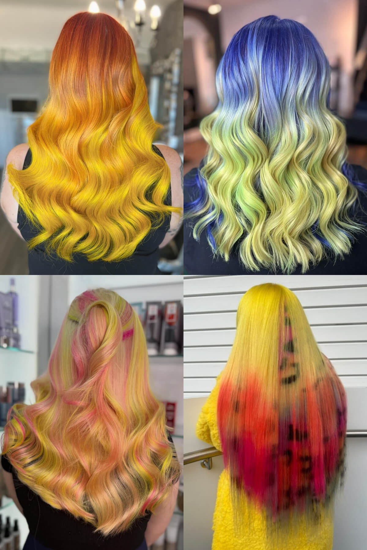 A collage of different examples of matching yellow hair colours with other hair colours, including pink, red, blue and orange, all using Directions hair colours